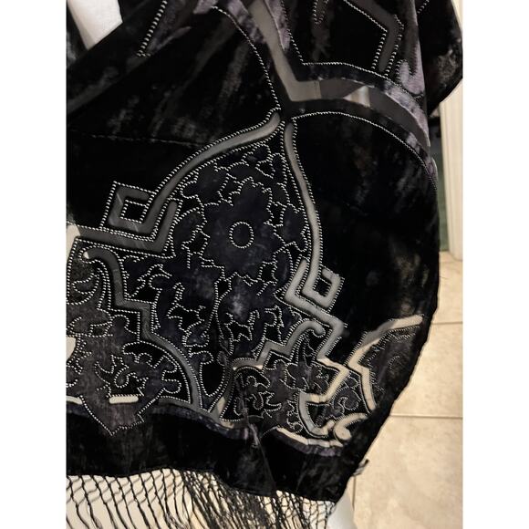 Managrove & NY Black Velvet Beaded Fringed Rectangle Scarf 20x86 - Picture 3 of 7